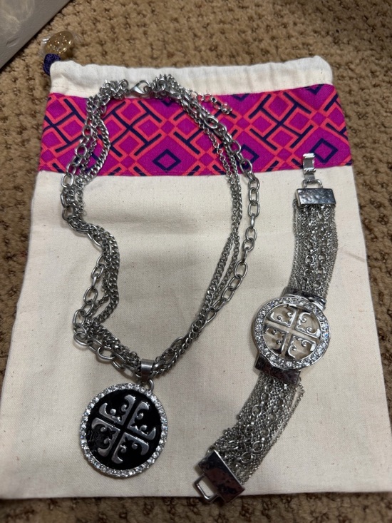 Tory Burch Jewelry - Silver Tone Pendant Necklace and Chain Bracelet Set - Black Accent